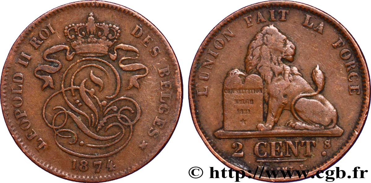BÉLGICA 2 Centimes lion monogramme de Léopold II 1874  BC+ 