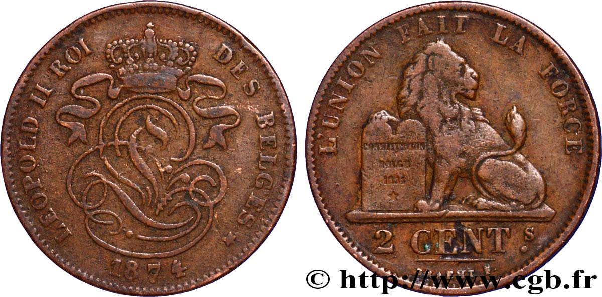 BELGIQUE 2 Centimes lion monogramme de Léopold II 1874  TTB 
