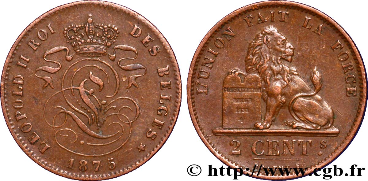 BELGIUM 2 Centimes lion monogramme de Léopold II 1875  AU 