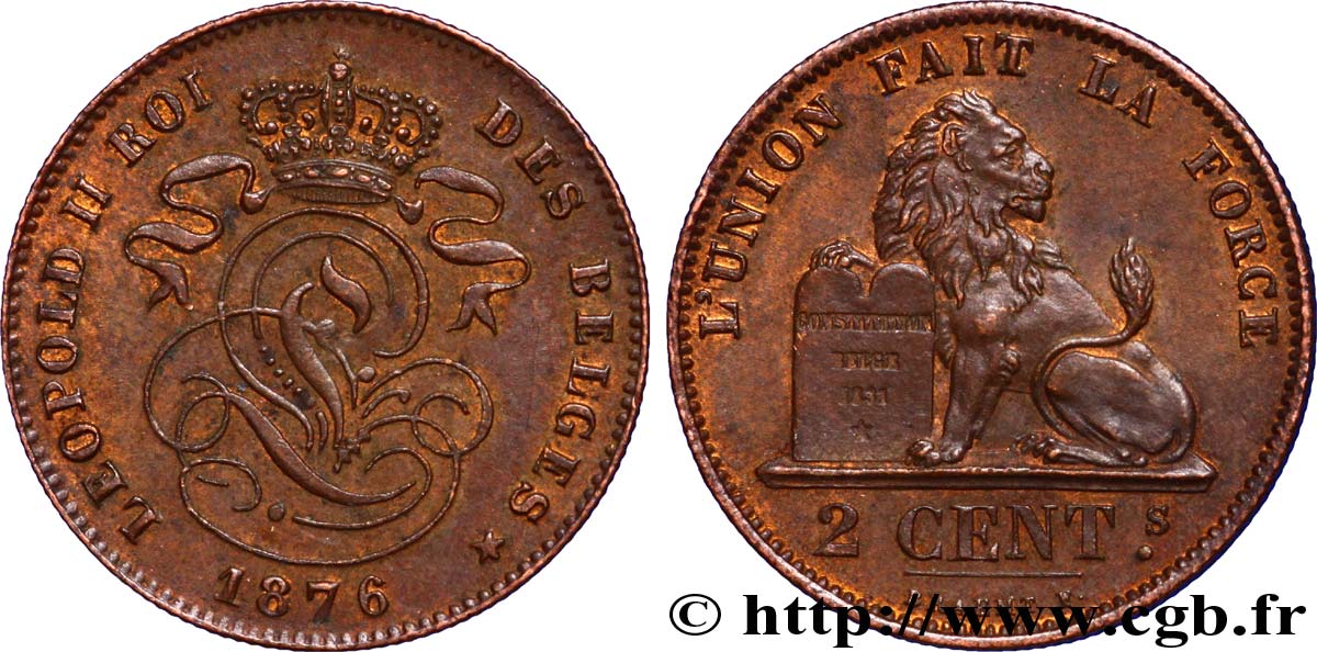 BELGIUM 2 Centimes lion monogramme de Léopold II 1876  AU 