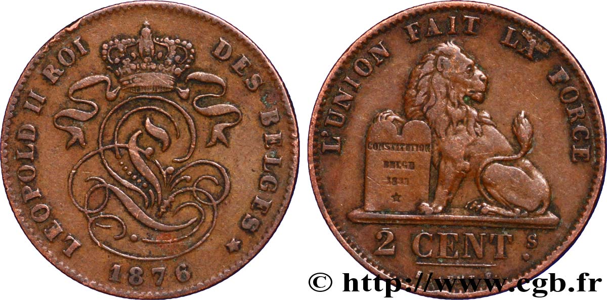 BÉLGICA 2 Centimes lion monogramme de Léopold II 1876  MBC 
