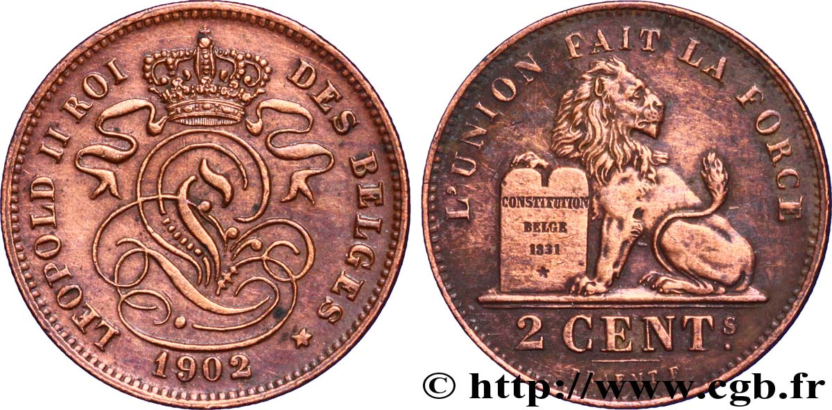 BELGIEN 2 Centimes lion monogramme de Léopold II légende française 1902  VZ 