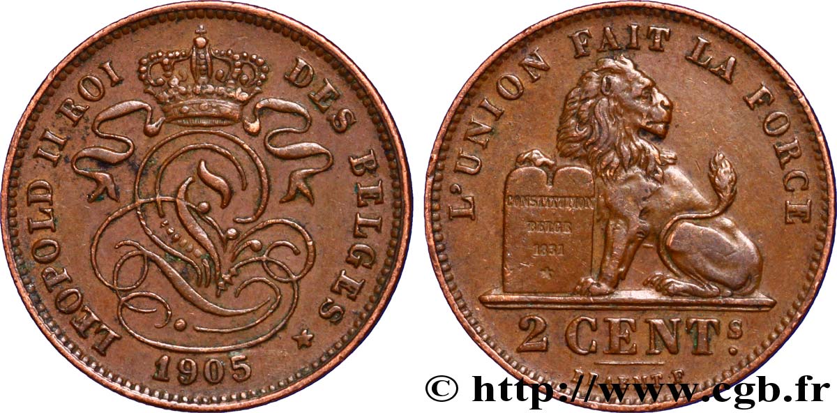 BELGIEN 2 Centimes lion monogramme de Léopold II légende française 1905  VZ 