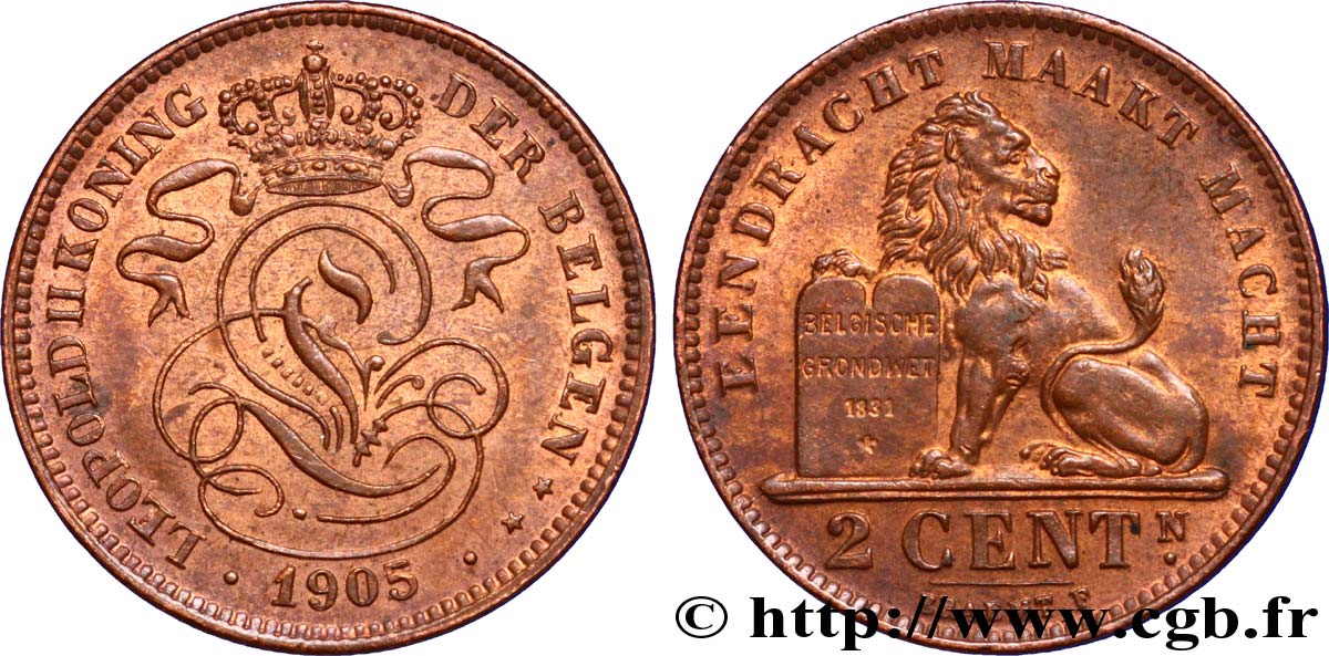 BÉLGICA 2 Centimes lion monogramme de Léopold II légende flamande surfrappe 1905/2 1905  SC 