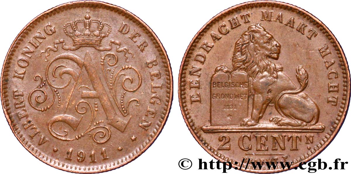 BELGIUM 2 Centimes monogramme d’Albert Ier légende flamande 1911  AU 