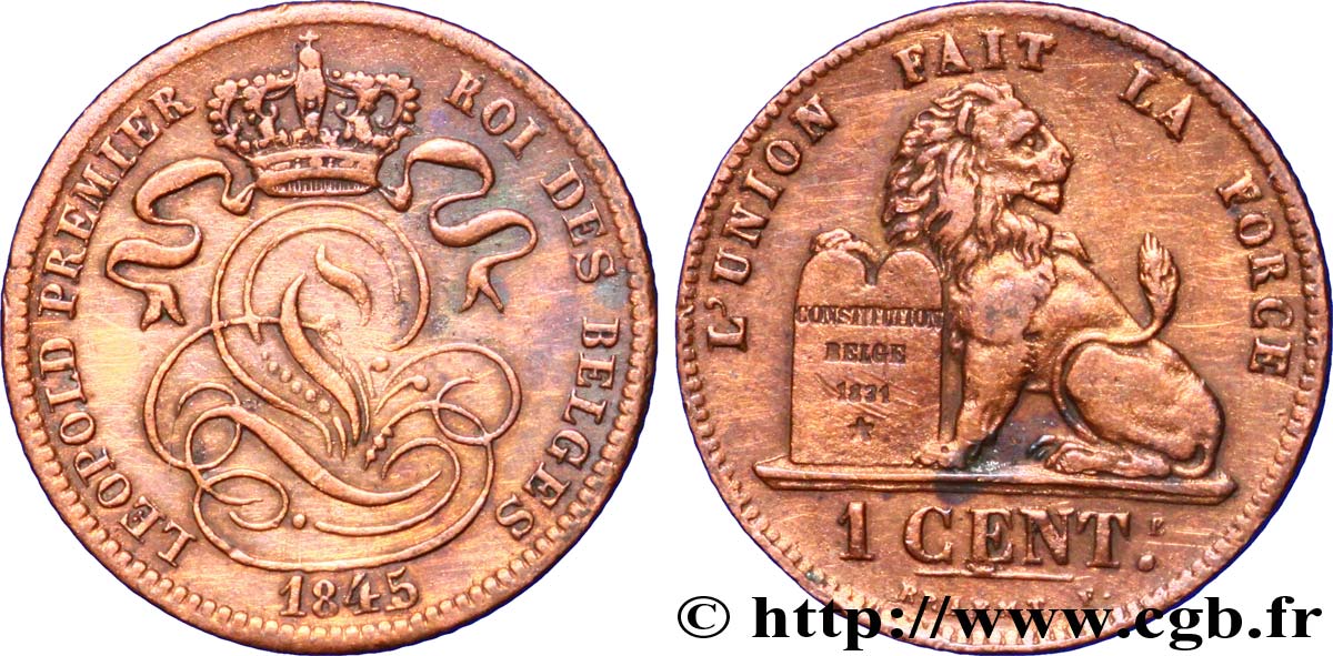 BÉLGICA 1 Centime lion monogramme de Léopold Ier 1845  MBC 