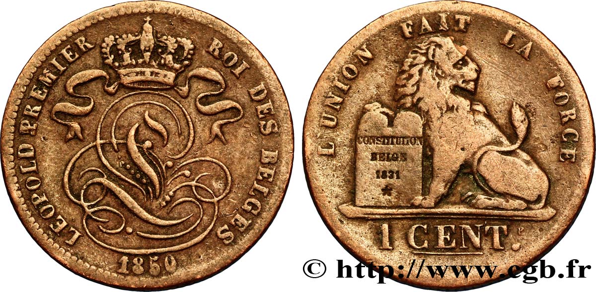 BÉLGICA 1 Centime lion monogramme de Léopold Ier 1850  BC+ 