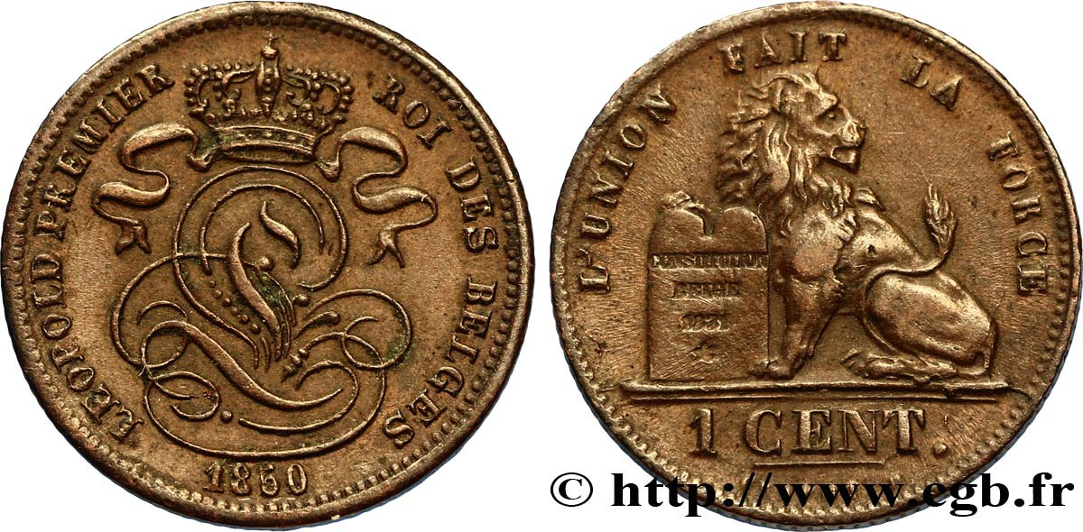 BÉLGICA 1 Centime lion monogramme de Léopold Ier 1850  MBC+ 