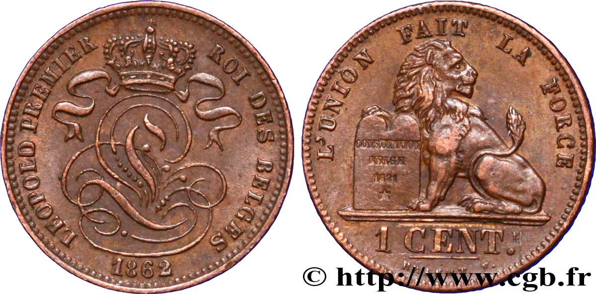 BELGIEN 1 Centime lion monogramme de Léopold Ier 1862  VZ 