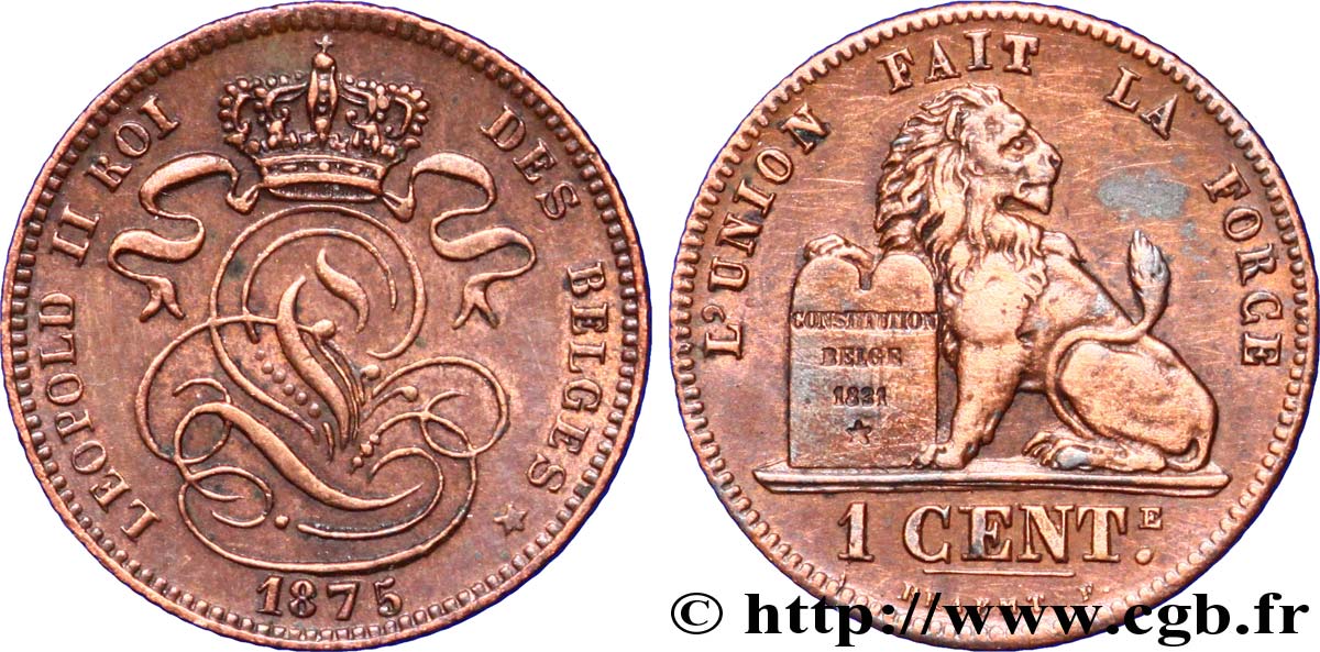 BELGIEN 1 Centime lion monogramme de Léopold II 1875  VZ 