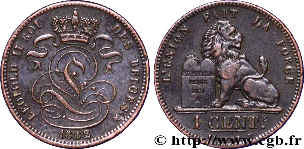 BELGIEN 1 Centime lion monogramme de Léopold II 1882  VZ 
