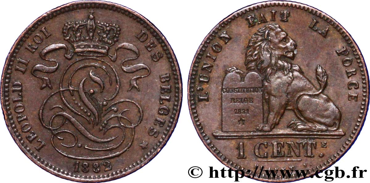 BELGIEN 1 Centime lion monogramme de Léopold II 1882  VZ 
