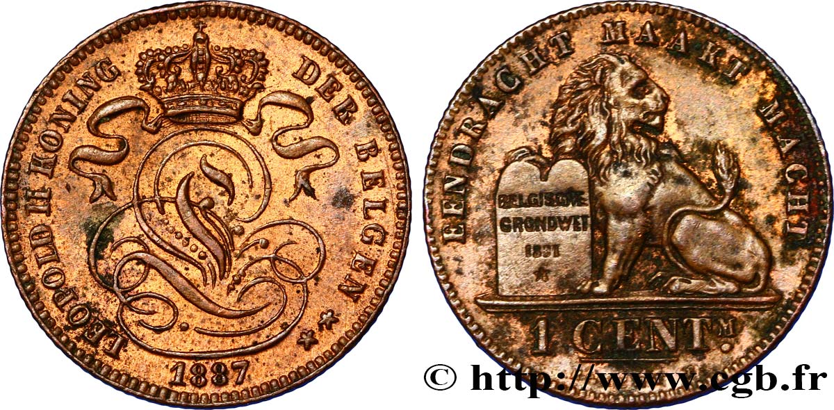 BELGIEN 1 Centime lion monogramme de Léopold II légende en flamand 1887  VZ 