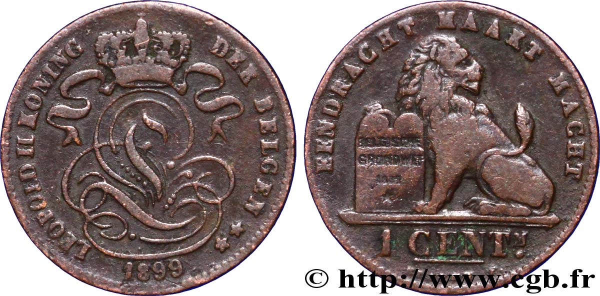 BELGIUM 1 Centime lion monogramme de Léopold II légende en flamand 1899  VF 
