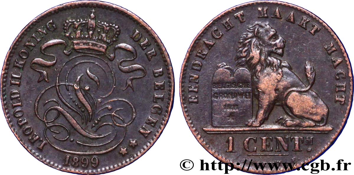 BÉLGICA 1 Centime lion monogramme de Léopold II légende en flamand 1899  EBC 
