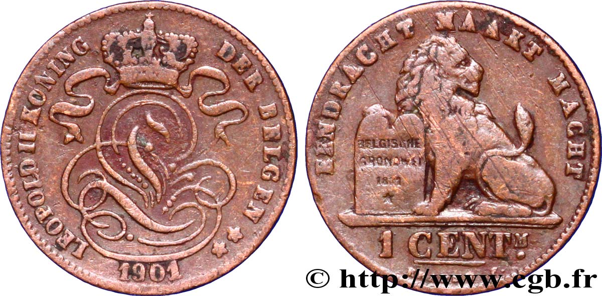 BELGIUM 1 Centime lion monogramme de Léopold II légende en flamand 1901  VF 