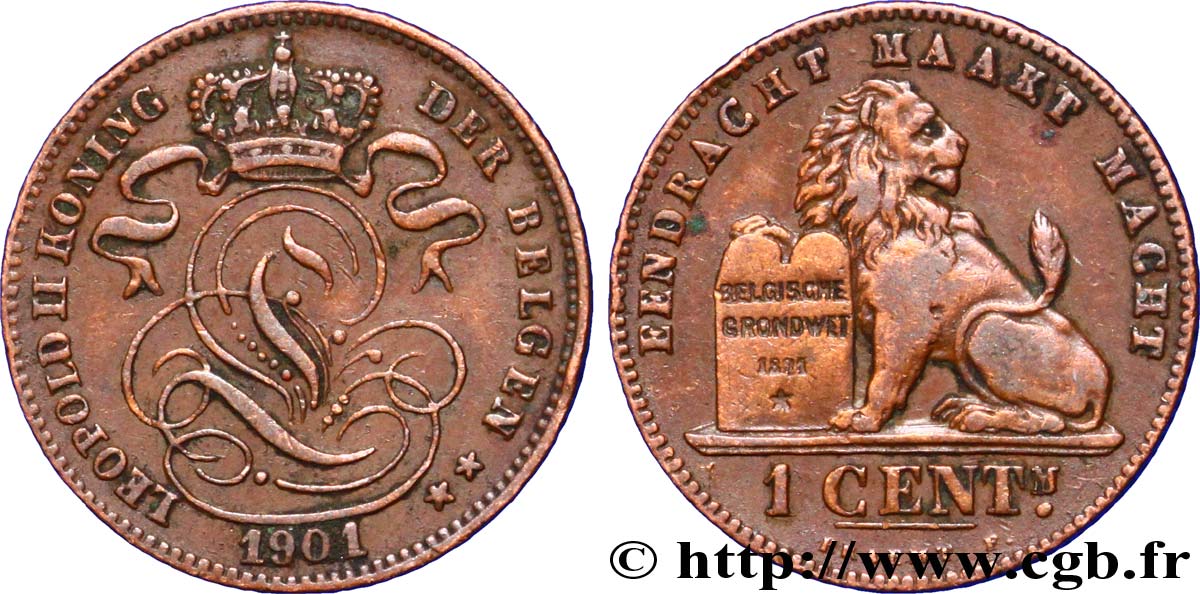 BELGIUM 1 Centime lion monogramme de Léopold II légende en flamand 1901  XF 