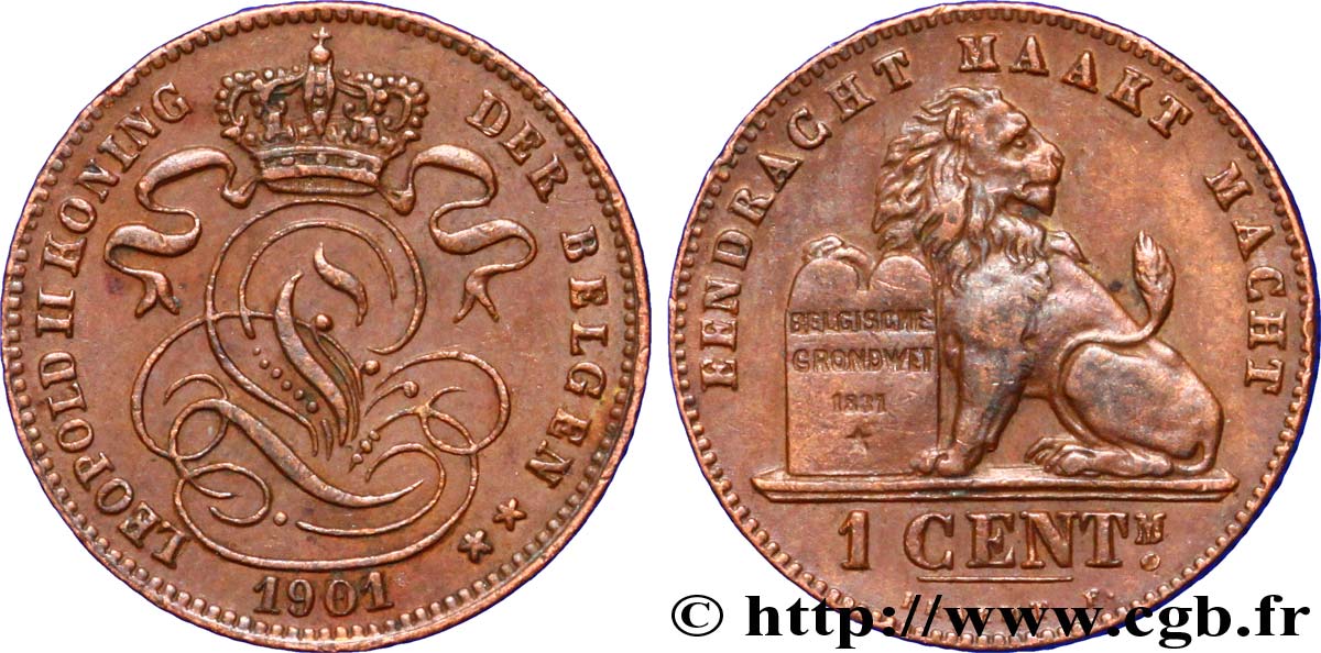 BELGIEN 1 Centime lion monogramme de Léopold II légende en flamand 1901  VZ 