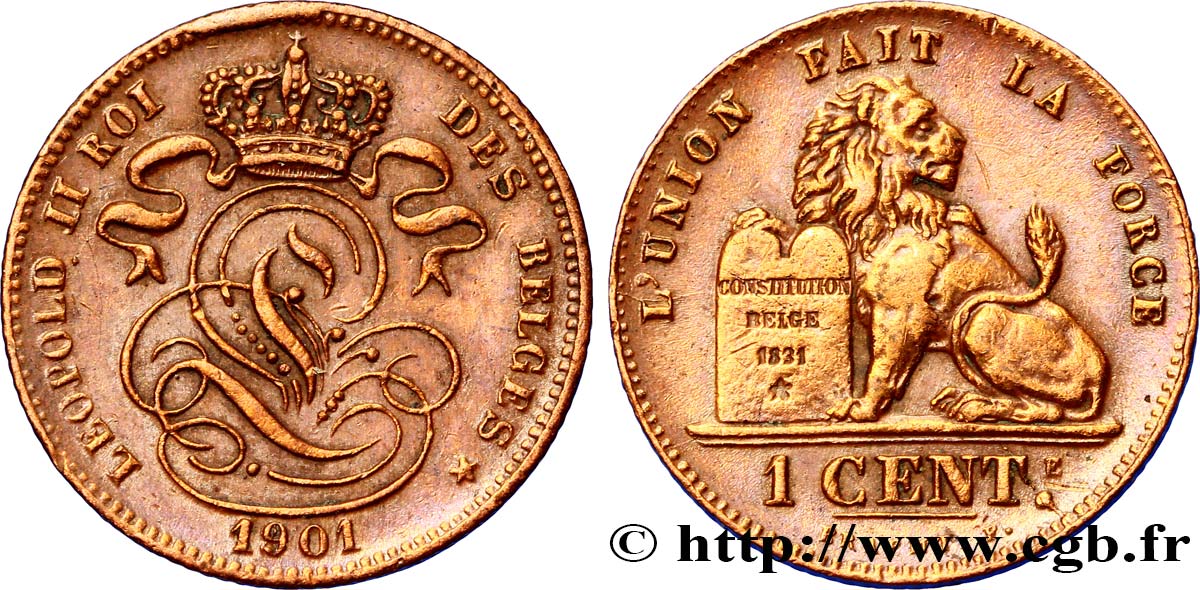 BELGIEN 1 Centime lion monogramme de Léopold II légende en français, 1901/801 1901  VZ 