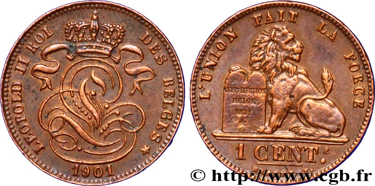 BÉLGICA 1 Centime lion monogramme de Léopold II légende en français 1901  EBC 
