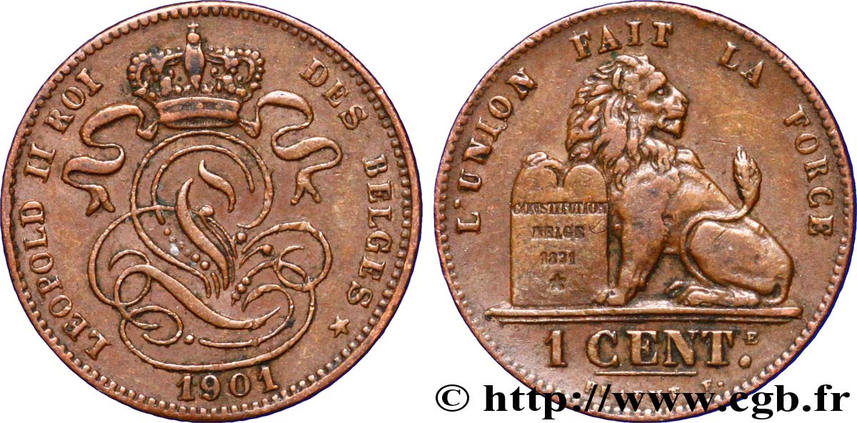 BELGIEN 1 Centime lion monogramme de Léopold II légende en français 1901  SS 