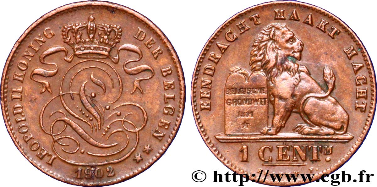 BELGIEN 1 Centime lion monogramme de Léopold II légende en flamand 1902  VZ 