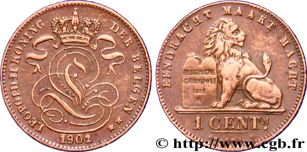 BELGIUM 1 Centime lion monogramme de Léopold II légende en flamand 1902  AU 
