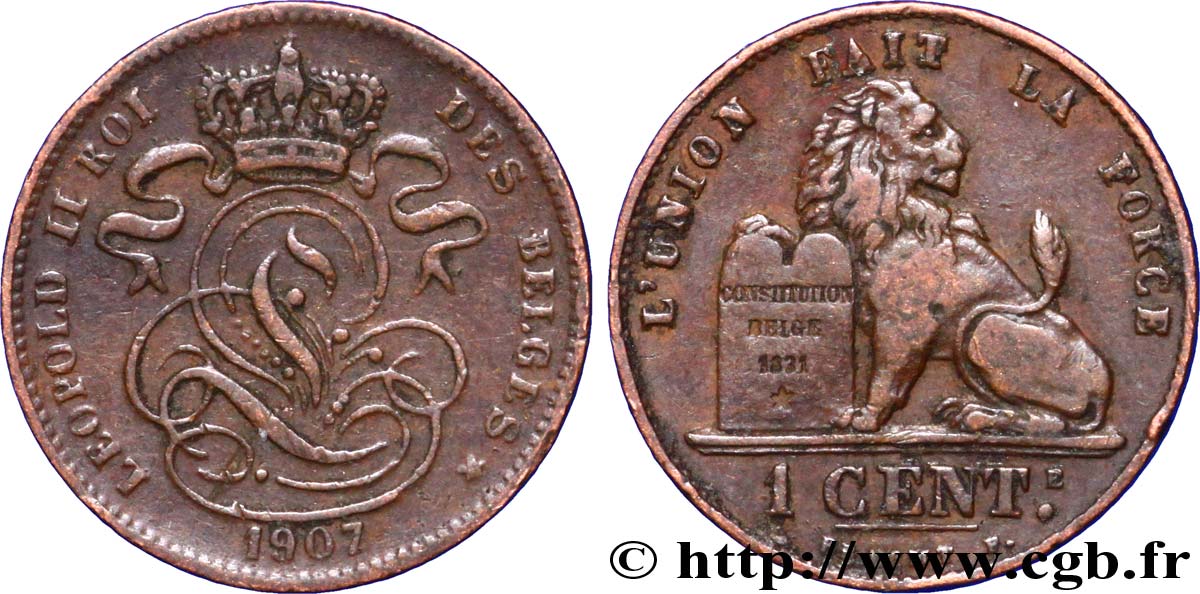 BELGIUM 1 Centime lion monogramme de Léopold II légende en français 1907  XF 