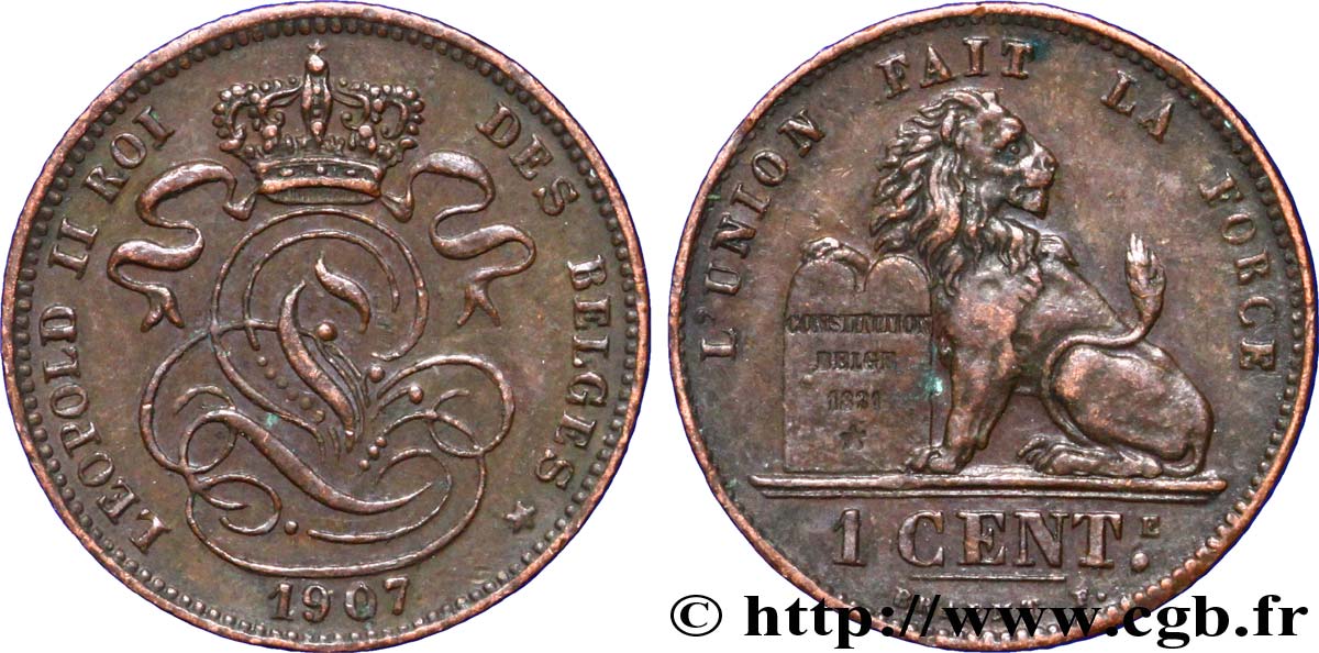 BÉLGICA 1 Centime lion monogramme de Léopold II légende en français 1907  EBC 