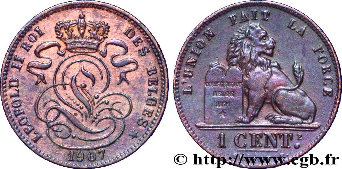 BELGIUM 1 Centime lion monogramme de Léopold II légende en français 1907  AU 