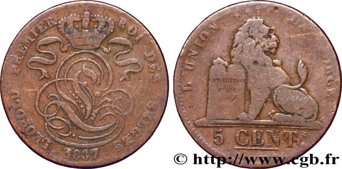 BELGIO 5 Centimes monogramme de Léopold Ier / lion 1837  MB 