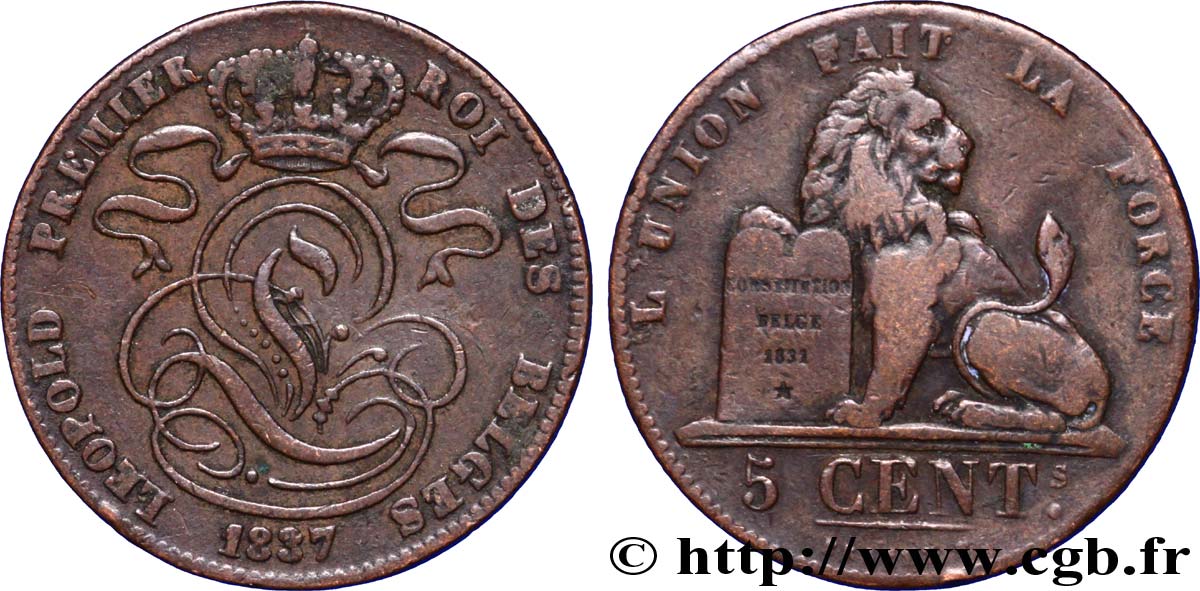 BELGIUM 5 Centimes monogramme de Léopold Ier / lion 1837  XF 