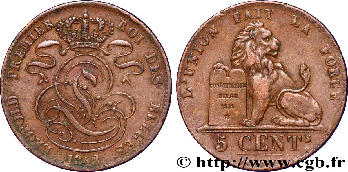 BELGIUM 5 Centimes monogramme de Léopold Ier / lion 1842  XF 