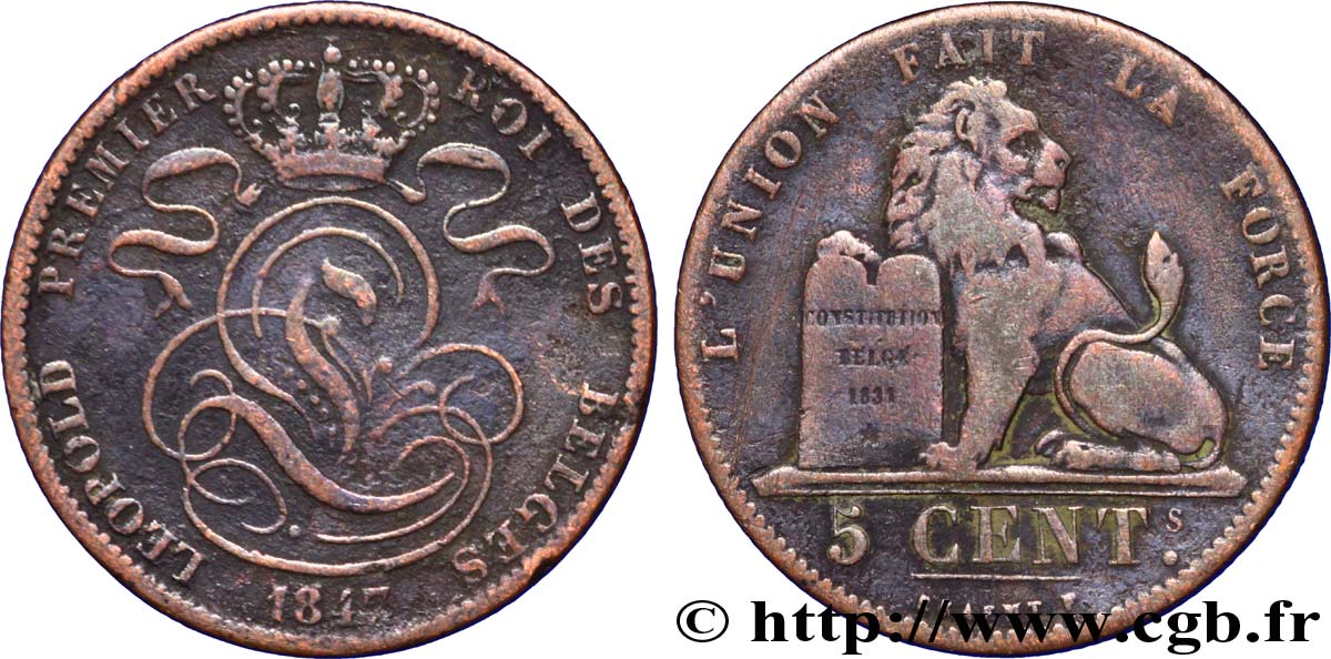 BELGIUM 5 Centimes monogramme de Léopold Ier / lion 1847  VF 