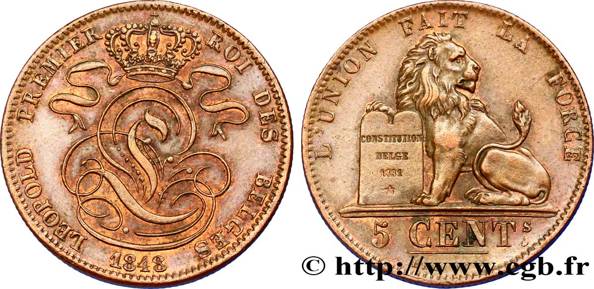 BELGIEN 5 Centimes monogramme de Léopold Ier / lion 1848  VZ 