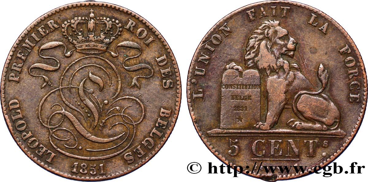 BELGIQUE 5 Centimes monograme de Léopold couronné / lion 1851  TTB 