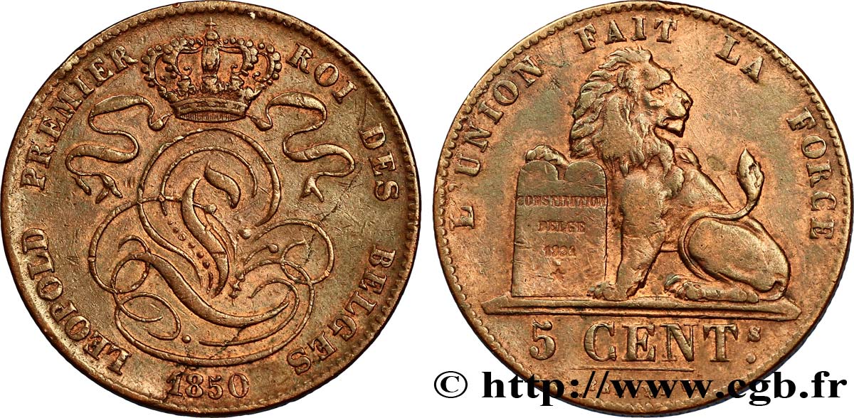 BELGIUM 5 Centimes monograme de Léopold couronné / lion 1850  AU 