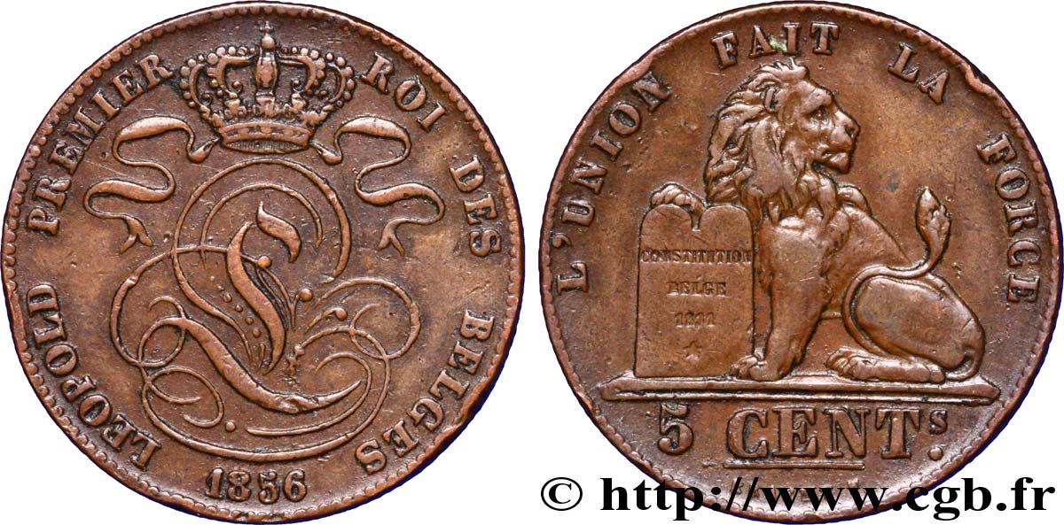 BELGIQUE 5 Centimes monograme de Léopold couronné / lion 1856  TTB 