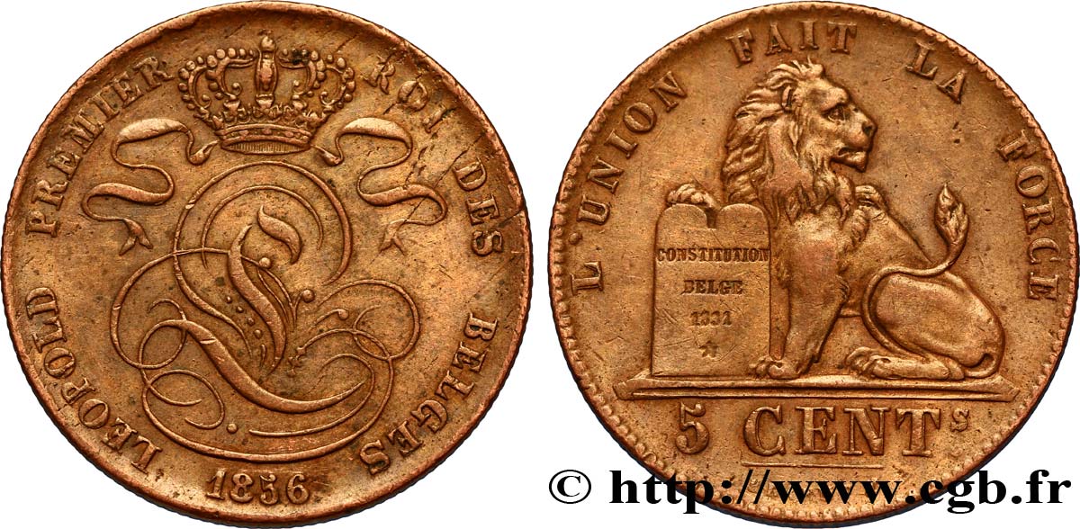 BELGIO 5 Centimes monograme de Léopold couronné / lion 1856  q.SPL 