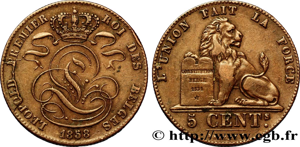 BELGIUM 5 Centimes monograme de Léopold couronné / lion 1858  AU 