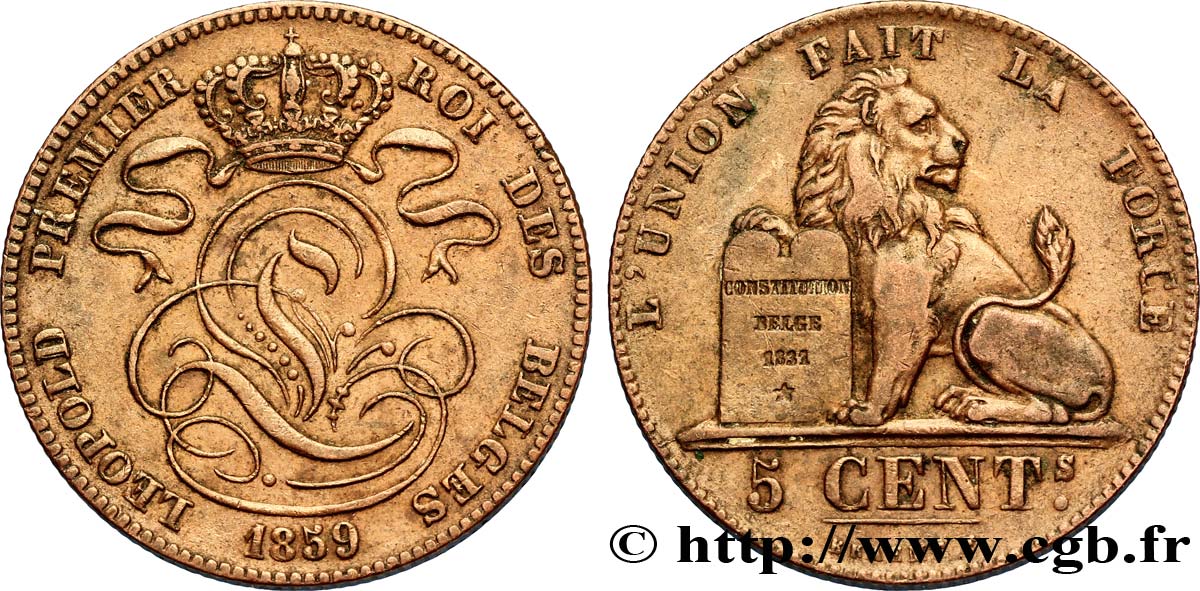 BELGIUM 5 Centimes monograme de Léopold 1859  AU 