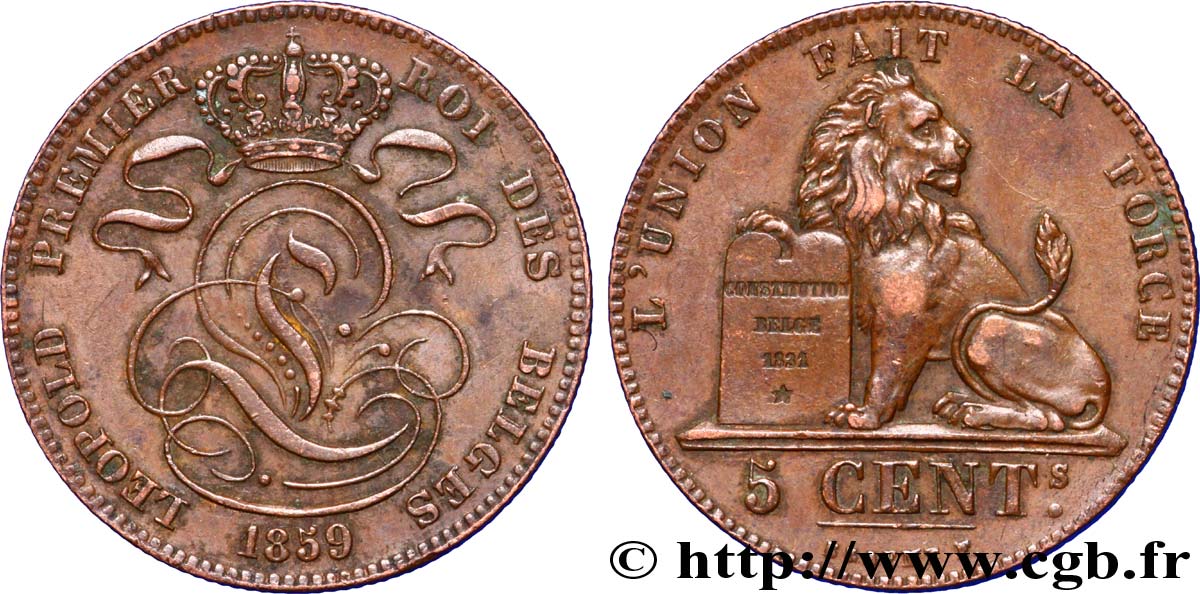BÉLGICA 5 Centimes monograme de Léopold 1859  MBC+ 