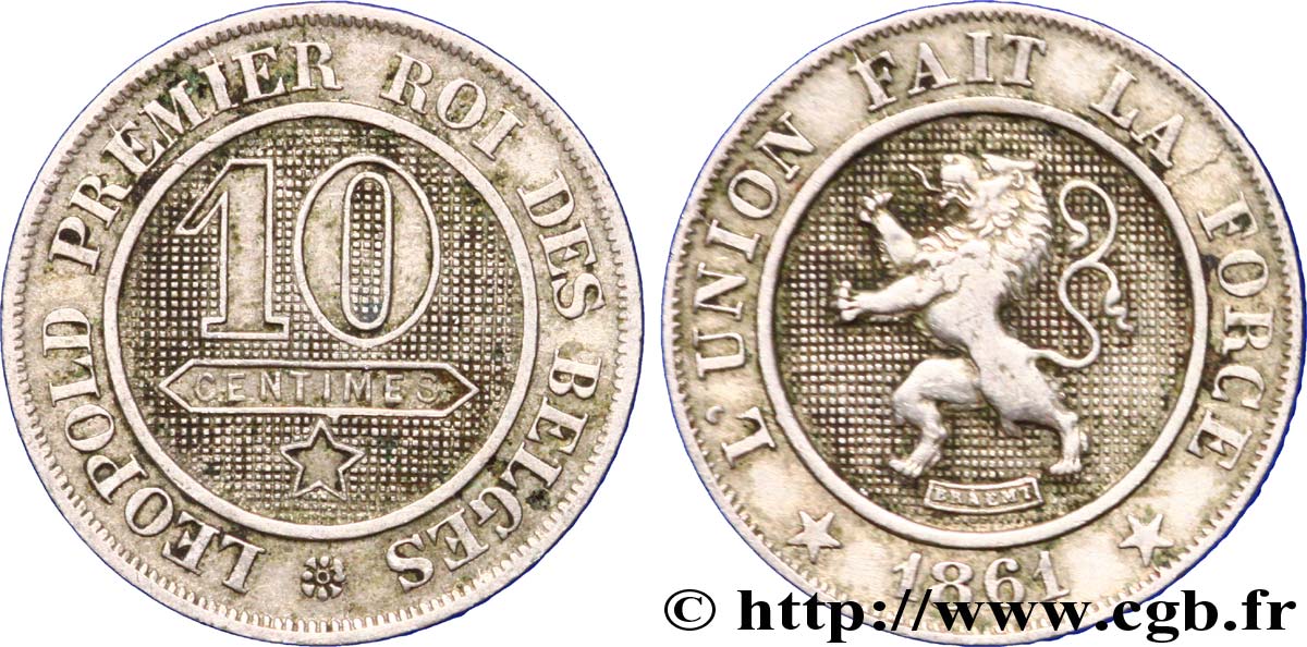 BÉLGICA 10 Centimes lion 1861  MBC+ 