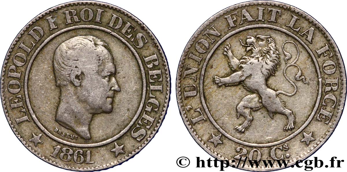 BELGIQUE 20 Centimes Léopold Ier 1861  TB+ 