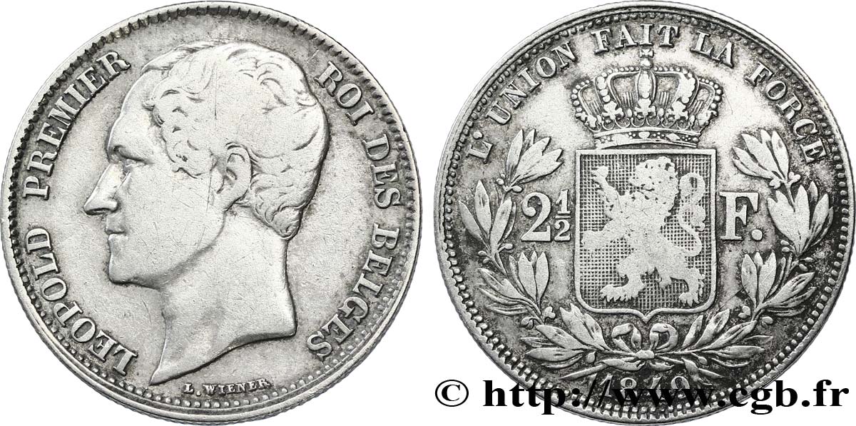 BÉLGICA 2 1/2 Francs 2e type, petite tête nue Léopold Ier / écu couronné 1849 Bruxelles BC 