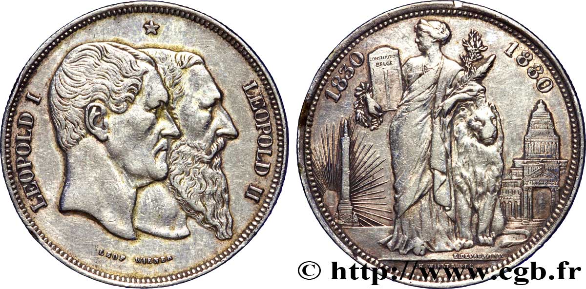 BÉLGICA 5 francs, Cinquantenaire du Royaume (1830-1880) 1880 Bruxelles MBC 