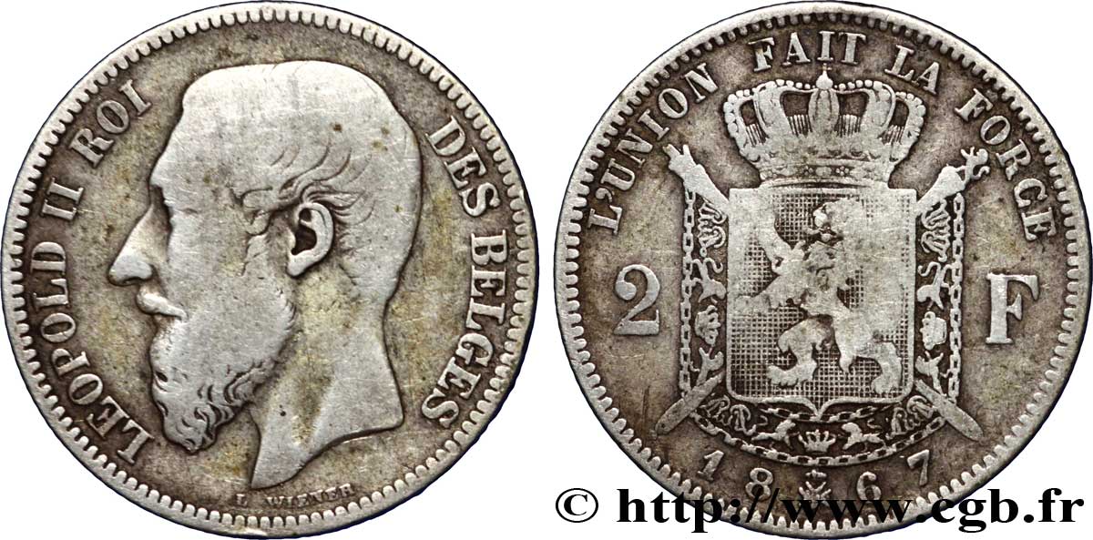BELGIEN 2 Francs Léopold II légende française 1867  S 