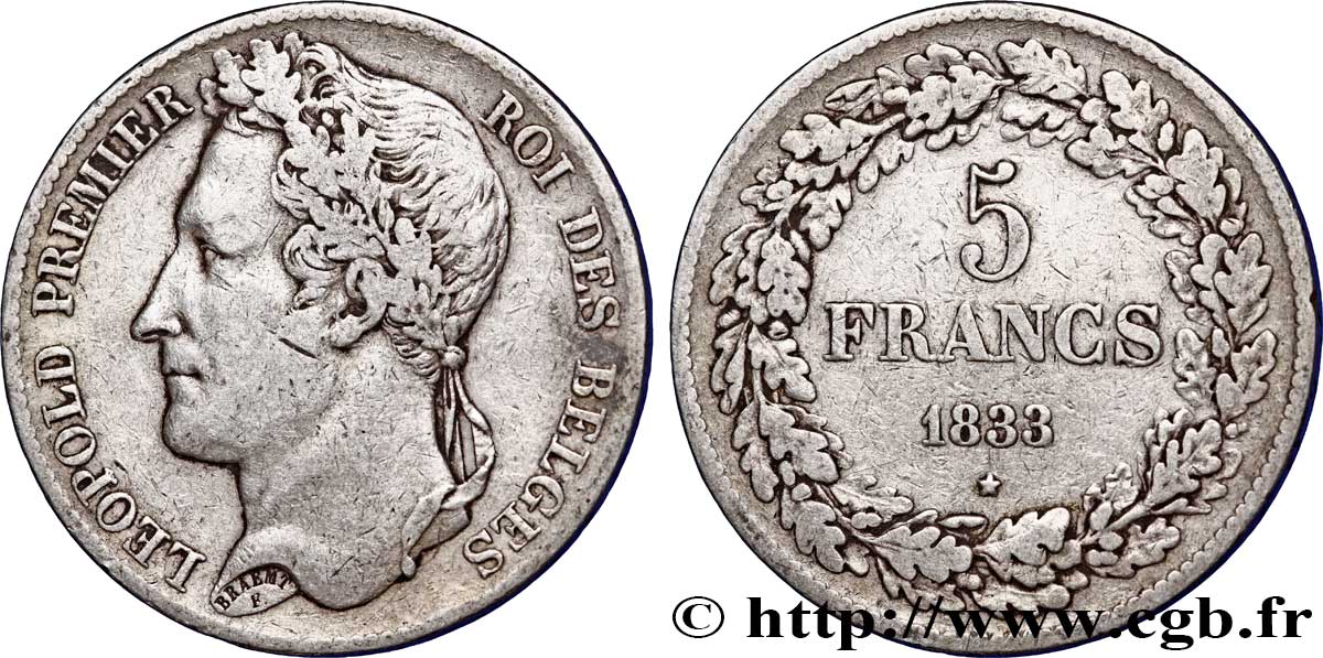 BELGIUM 5 Francs Léopold Ier tranche position B 1833  VF 