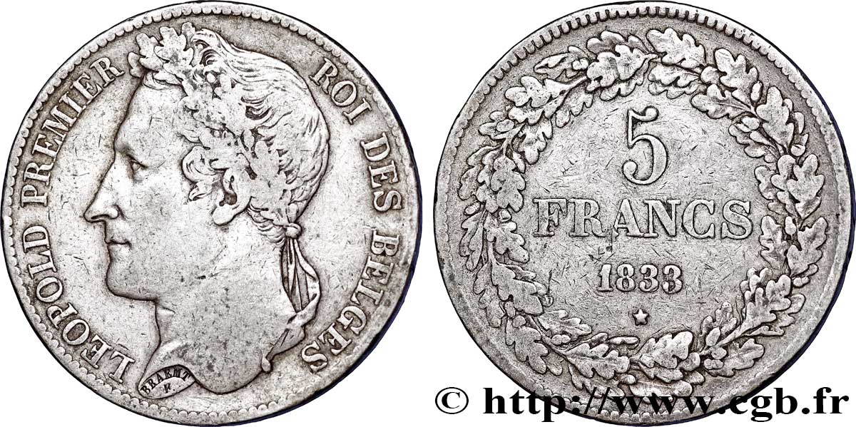 BÉLGICA 5 Francs Léopold Ier tranche position A 1833  BC+ 
