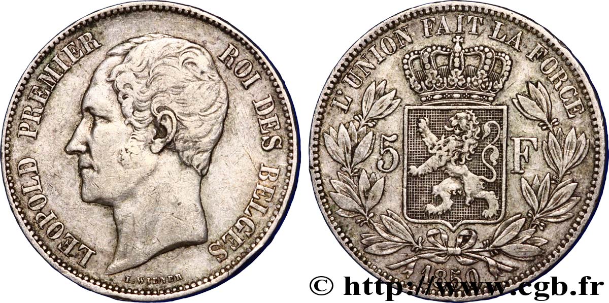 BELGIUM 5 Francs Léopold Ier 1850  XF 